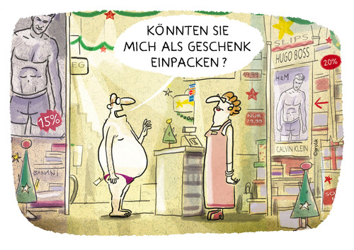 Cartoon: X-Mas Shopping... (medium) by markus-grolik tagged weihnachtenkonsum,shopping,stress,mas,einzelhandel,geschenkewahn,schenken,body,gift,einpacken,verpacken,fest,der,liebe,körperkult,string,tanga,christkindel,weihnaqchtsmarkt,glühwein,prost,cartoon,grolik