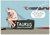 Cartoon: Taurus (small) by markus-grolik tagged scholz,ukraine,taurus,militaer,unterstuetzung,aussenpolitik,baerbock,kuleba,krieg,marschflugkoerper,russland,deutschland,spd,europa,nato,putin,wolodymyr,selenskyj,usa,biden,waffen,waffenlieferung