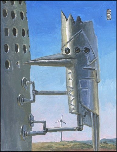 Cartoon: Robo-pecker (medium) by greg hergert tagged wind,power,woodpeckers,big,oil
