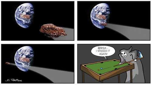 Cartoon: Asteroid (medium) by Juan Carlos Partidas tagged extinction,tragedy,near,close,sport,life,planet,earth,asteroids,meteors,meteor,stars,asteroid,missing,missed,miss,table,billiard,pool,death,grimm