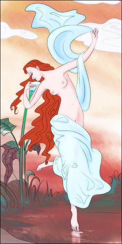 Cartoon: Dawn (medium) by condemned2love tagged william,adolphe,bouguereau,dawn,allegories,symbols,female,portraits,classical,disney,crossover,red,hair,nude,cartoon