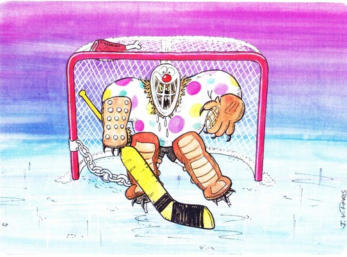 Cartoon: Goalie (medium) by Josch tagged eishockey,ice,hockey,torwart,torhüter,goalie,clown,wolf,monster,schafspelz,aggressiv,tarnung,camouflage