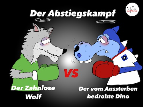 Cartoon: Abstiegskampf (medium) by Lelle tagged hsv,dino,vfl,wolfsburg,wolf,hamburg,fußball,relegation,relegationsplatz,16,zahnlos,aussterben,blaues,auge,kampf,endspiel,finale,norden