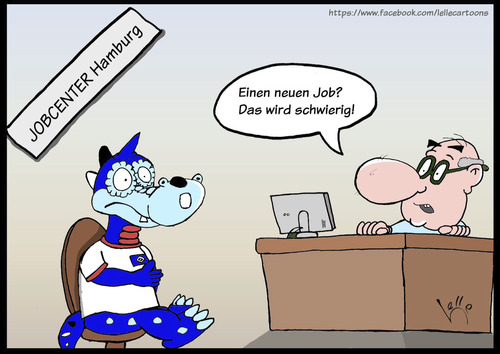 Cartoon: Dino beim Arbeitsamt (medium) by Lelle tagged hamburger,abstieg,lelle,arbeitsamt,hamburg,maskottchen,dino,hsv,sportverein,greuther,fürth,lasogga,vaart,bundesliga,relegation,liga,slomka,absteiger,abstiegsplatz,fussball,fußball,cartoon,comic,karikatur,witz