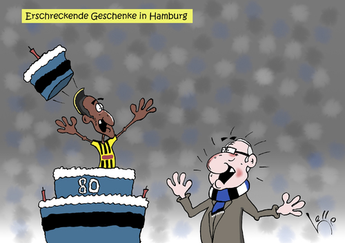 Cartoon: Erschreckende Geschenke (medium) by Lelle tagged uwe,seeler,geburtstag,80,bundesliga,uns,spiel,fußball,fussball,hsv,hamburg,borussia,dortmund,bvb,party,spielverderber,niederlage,dino