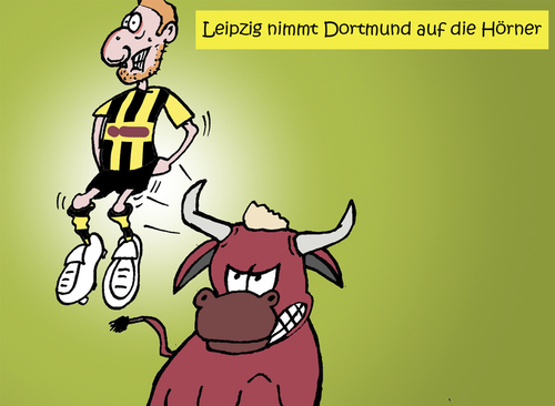 Cartoon: Leipzig nimmt BVB auf die Hörne (medium) by Lelle tagged cartoons,lelle,schürle,2017,2016,saison,bundesliga,hörner,bulle,roter,bull,red,leipzig,rb,dortmund,borussia,bvb