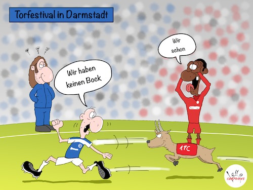 Cartoon: Torfestival in Darmstadt (medium) by Lelle tagged darmstadt,fc,köln,1fc,tore,torfestival,fußball,bundesliga,spieltag,bock,geisbock,fussball,schießen,lelle,cartoons,thorsten,frings,modeste,keinen