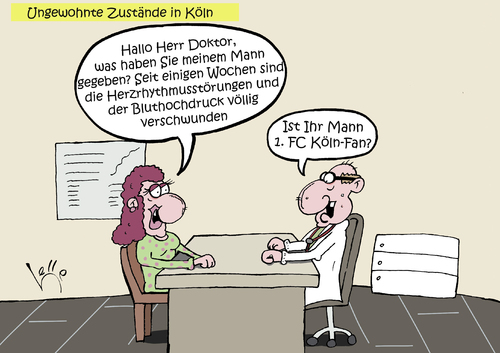 Cartoon: Ungewohnte Umstände in Köln (medium) by Lelle tagged fc,köln,spieltag,fußball,fussball,bundesliga,fans,erfolg,erfolgreich,geißbock,meisterschaft,tabellenspitze,lelle,cartoons,erfolgsserie