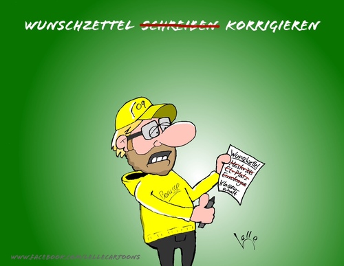 Cartoon: Wunschzettel korrigieren (medium) by Lelle tagged jürgen,klopp,dortmund,bvb,weihnachten,wunschzettel,lelle,cartoons,korrektur,borussia,letzter,platz,18,schlechte,saison,hinrunde,fußball,sport,trainer,scharz,gelb,football,soccer,german