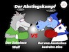 Cartoon: Abstiegskampf (small) by Lelle tagged hsv,dino,vfl,wolfsburg,wolf,hamburg,fußball,relegation,relegationsplatz,16,zahnlos,aussterben,blaues,auge,kampf,endspiel,finale,norden