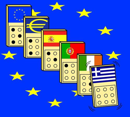 Cartoon: EU DOMINOS (medium) by Thamalakane tagged eu,greece,spain,ireland,portugal,euro,crisis,debt,dominos