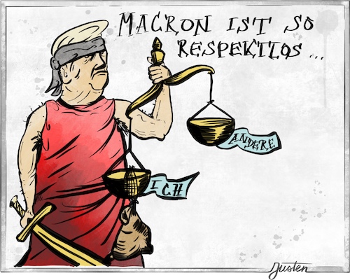 Cartoon: Mit zweierlei Maß gemessen. (medium) by Justen tagged trump,macron,nato,justitia,gerechtigkeit,politik,außenpolitik,trump,macron,nato,justitia,gerechtigkeit,politik,außenpolitik