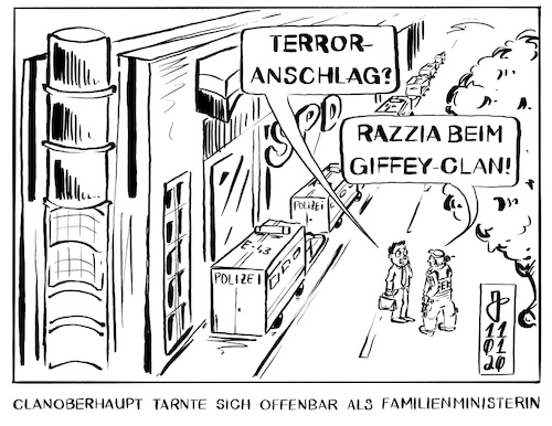 Cartoon: Razzia beim Giffey-Clan (medium) by Justen tagged spd,giffey,korruption,unterschlagung,doktortitel,plagiat,spd,giffey,korruption,unterschlagung,doktortitel,plagiat