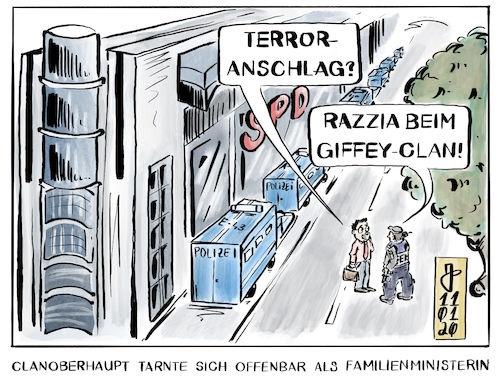 Cartoon: Razzia beim Giffey-Clan (medium) by Justen tagged spd,giffey,korruption,unterschlagung,doktortitel,plagiat,spd,giffey,korruption,unterschlagung,doktortitel,plagiat