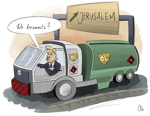 Cartoon: Wo brennts? (medium) by Justen tagged trump,israel,palästina,jerusalem,nahost,trump,israel,palästina,jerusalem,nahost