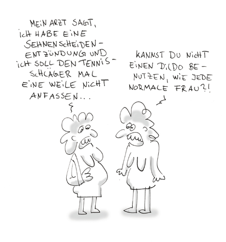 Cartoon: Sehnenscheideentzündung (medium) by Ludwig tagged sehnenscheidenentzündung,tennis,dildo,vibrator,arzt,frauen,krankheit,muskel,sehne,vagina,scheide,masturbation,selbsbefriedigung,onanie