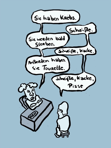 Cartoon: Tourette (medium) by Ludwig tagged tourette,krebs,tumor,sterben,cancer,fuck,fluchen,krankheit,tod,arzt,ende