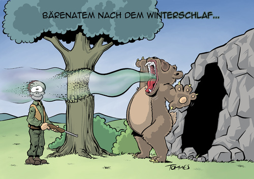 Cartoon: Morgenatem (medium) by Tommestoons tagged bär,jäger,atem,morgenatem,bärenatem,jagd,gewehr,büchse,höhle,winterschlaf,überwintern,hauch,gestank,säure,ätzend,gefährlich