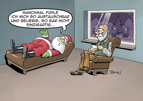 Cartoon: Nikoklone (medium) by Tommestoons tagged illustration,nikolaus,weihnachtsmann,santa,psychiater,psychologe,couch,depression,depressionen,zweifel,angst,aengste,weihnachten,einzigartig,austauschbar,beliebig,freud,burnout,weihnacht,christfest,therapie