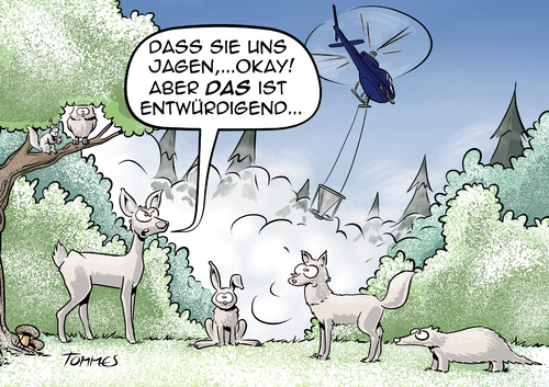 Cartoon: Tier-Weißheiten (medium) by Tommestoons tagged weiss,kalk,wald,tiere,fuchs,eule,reh,eichhörnchen,dachs,hase,erniedrigung,entwürdigung,jagen,hubschrauber,abwerfen,düngen,fruchtbar,bäume,natur,kalken,kalkdüngung