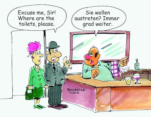 Cartoon: Austreten (medium) by Boiselle tagged steffen,boiselle,humor,lustig,cartoon,toilette,toilets,wc,klo,bar,kneipe,barkeeper,austreten,getränke,wein,schorle