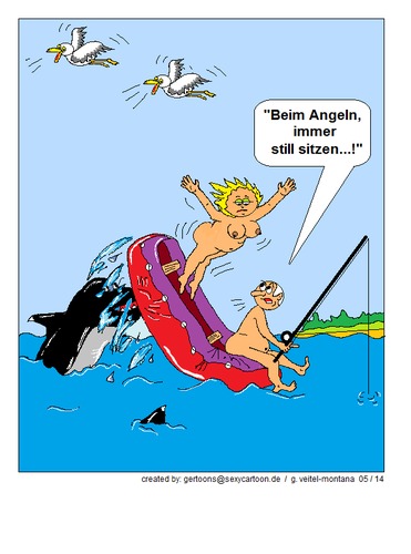 Cartoon: Angeln (medium) by gert montana tagged angeln,strand,meer,wasser,fische,frau,mann,boot,schlauchboot,hai,gertoons