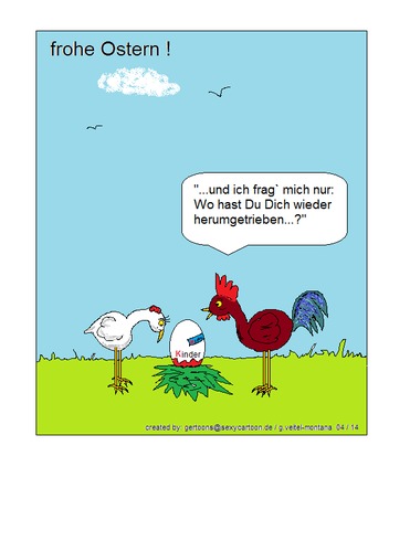 Cartoon: Überraschungsei (medium) by gert montana tagged gertoons,überraschungsei,hahn,henne,kinderüberraschungsei