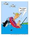 Cartoon: Angeln (small) by gert montana tagged angeln strand meer wasser fische frau mann boot schlauchboot hai gertoons