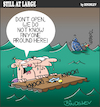 Cartoon: Still at large 83 (small) by bindslev tagged shipwreck,shipwrecks,shipwrecked,castaway,castaways,raft,rafts,door,doors,knock,knocks,knocking,stranger,danger,marooned,rescue,rescues,emergency,adrift,unfriendly,unwelcome,unwelcoming