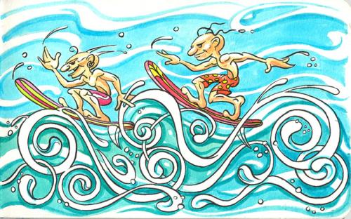 Cartoon: the competition (medium) by rudat tagged moleskine,rudat,surf,competition,beach,ocean,waves
