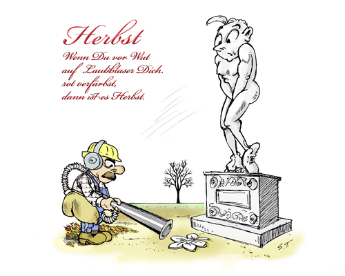 Cartoon: Blätterfall (medium) by Simpleton tagged nackt,akt,kunst,statue,hausmeister,laubblaser,laubsauger,blätterfall,herbst,feigenblatt