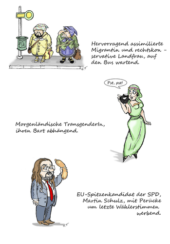 Cartoon: Soo n Bart! (medium) by Simpleton tagged conchita,wurst,martinschulz,karikatur,bart,bärte,mode,kulturen