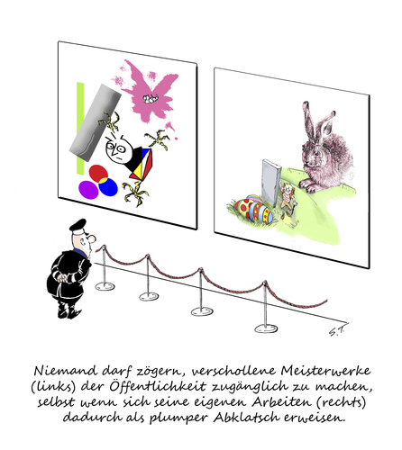 Cartoon: Verschollene Kunst (medium) by Simpleton tagged miro,gurlitt,simpleton,st,ostern,osterhase,eier,kunstfälschung