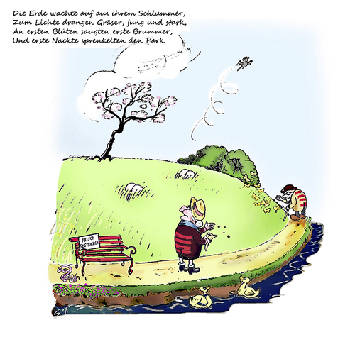 Cartoon: Frühling mit abfärbender Bank (medium) by Simpleton tagged text,fkk,nudismus,alter,liebespaar,verliebtheit,würmer,park,parkbank,frühling