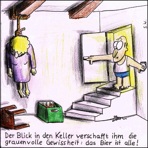 Cartoon: Grauenvolle Gewissheit (medium) by Storch tagged ehe,bier,mann,frau,keller,maus,strick