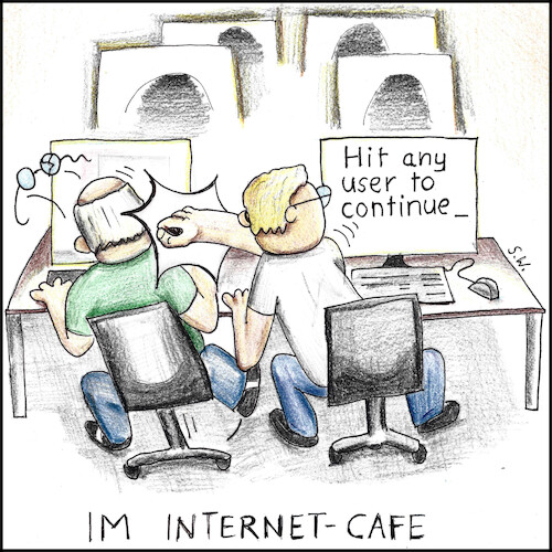 Cartoon: Im Internet-Cafe (medium) by Storch tagged hit,any,key,to,continue