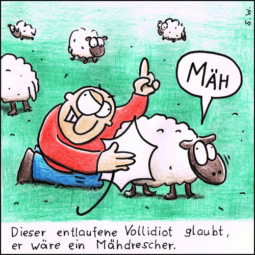 Cartoon: Klapsmühlenmähdrescher (medium) by Storch tagged schaf,wiese,mäh,roter,pullover