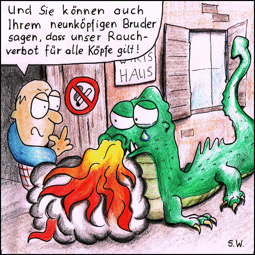 Cartoon: Rauchverbot (medium) by Storch tagged drache,wirtshaus,gaststätte,rauchen,feuer,lindwurm