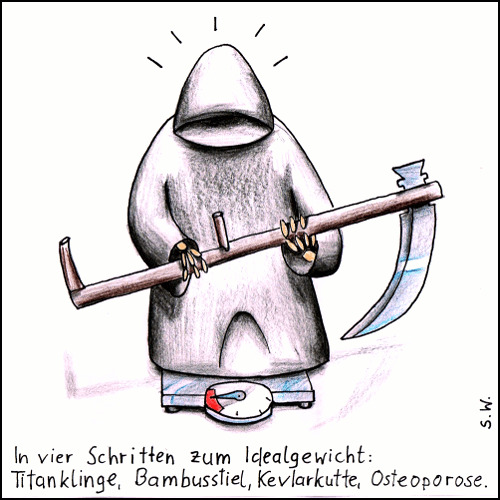 Cartoon: Todsicher abnehmen (medium) by Storch tagged abnehmen,leicht,gemacht,in,vier,schritten,titan,klinge,tod,bambus,osteoporose,kevlar