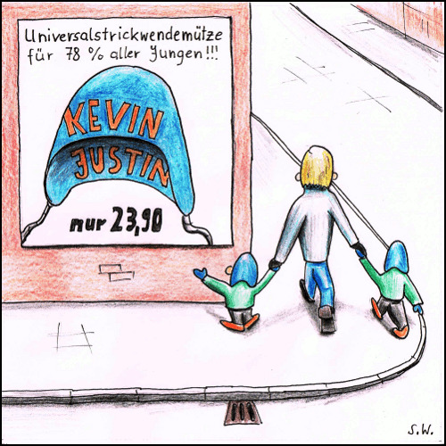 Cartoon: Universalstrickwendemütze (medium) by Storch tagged kevin,justin,strickmütze,wendemütze,universal,einkaufen,kinder,jungs