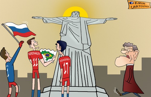 Cartoon: Russia is going to Brasil. (medium) by emir cartoons tagged russia,brasil,football,world,cup,2014,emir,cartoons,caricature,cartoon