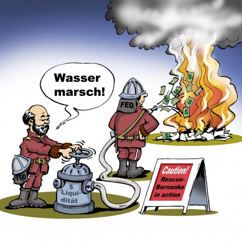 Cartoon: Geld marsch (medium) by schuppi tagged inflation,geldmenge,bernanke,geld,dollar,wert,wertlos,löschen,feuerwehr,brand,wasser