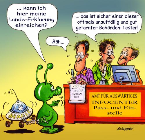 Cartoon: marsmensch-auswärtiges amt (medium) by schuppi tagged einreise,auswärtiges,amt,marsmensch,pass,infocenter,landung,zuwanderung