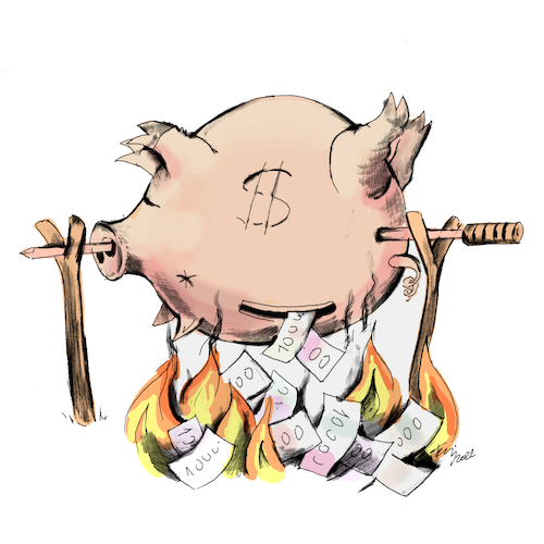Cartoon: Food Money Pig (medium) by hopsy tagged money,pig,spit,fire,ink,traditional,drawing,cartoon,illustration