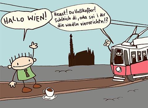 Cartoon: Hallo Wien! (medium) by wf-artwork tagged halloween,wien,tourist,coffee,verkehr,traffic,tram
