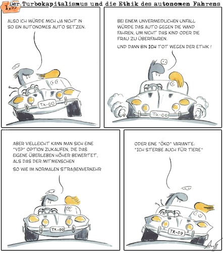 Cartoon: Ethik des autonomen Fahrens (medium) by Anjo tagged ethik,autonomes,fahren,smart,car,ethik,autonomes,fahren,smart,car