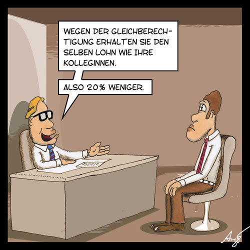 Cartoon: Gleichberechtigung (medium) by Anjo tagged ungleich,gehalt,bezahlung,gleichberechtigung,arbeit,frau,mann