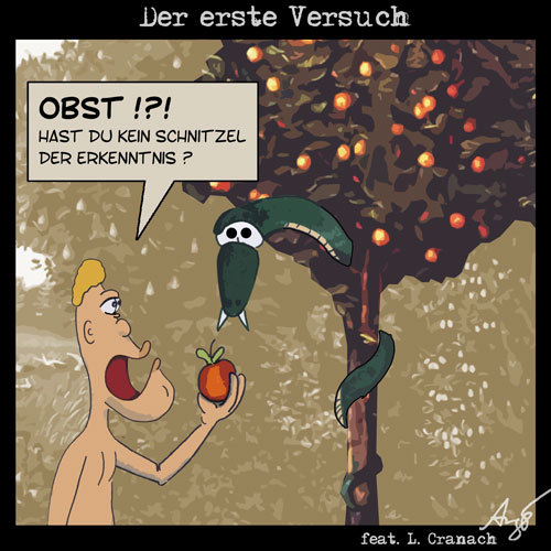 Cartoon: Sündenfall - 1. Versuch (medium) by Anjo tagged frau,mann,fleisch,schnitzel,sünde,erkenntnis,apfel,bibel,sündenfall