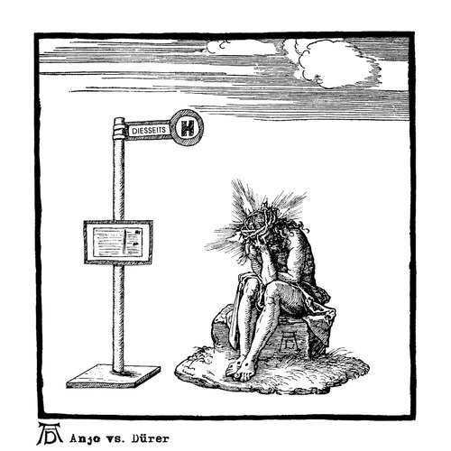 Cartoon: Waiting (medium) by Anjo tagged dürer,albrecht,jesus,schmerzensmann,haltestelle,verspätung,warten,waiting,late,busstop,albrecht dürer,jesus,schmerzensmann,haltestelle,verspätung,warten,waiting,late,busstop,albrecht,dürer