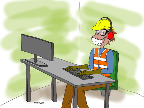 Cartoon: PSA  pers. Schutzausrüstung (medium) by Morvana tagged schutzhandschuhe,ohrschützer,schutzbrille,schutzhelm,warnweste,arbeitssicherheit,schutzausrüstung,arbeitsschutz,mitbestimmung,betriebsrat